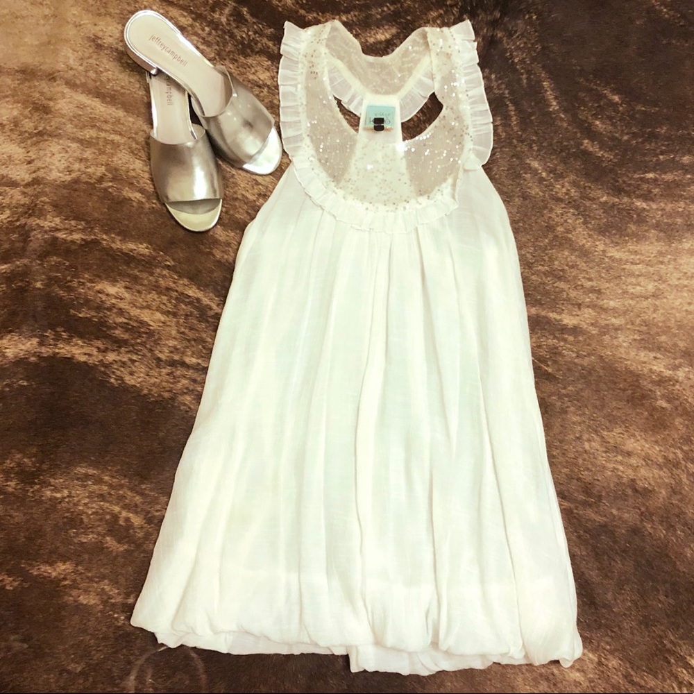 White Mini Racerback Dress w/ frills & Sequins